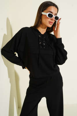 Yaka Bağcıklı Loyşa Sweatshirt İkili Takım Siyah - Kadın Giyim Modelleri