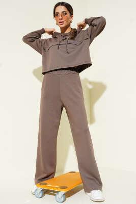 Yaka Bağcıklı Loyşa Sweatshirt İkili Takım Vizon - Kadın Giyim Modelleri