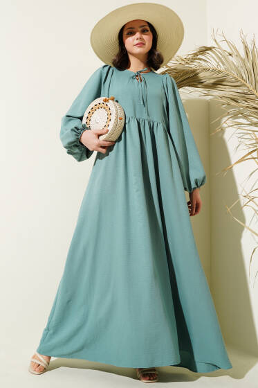 Yaka Bağcıklı Yarasa Kol Elbise Çağla Yeşili - Elbise