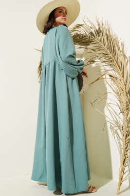 Yaka Bağcıklı Yarasa Kol Elbise Çağla Yeşili - Tesettür Elbise