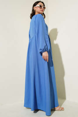 Yaka Bağcıklı Yarasa Kol Elbise İndigo - Tesettür Elbise