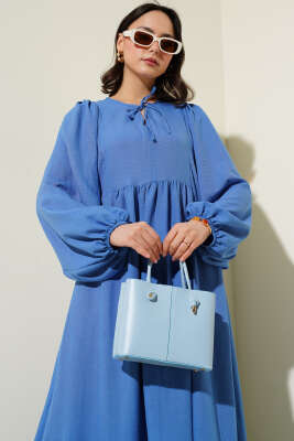 Yaka Bağcıklı Yarasa Kol Elbise İndigo - Tesettür Elbise