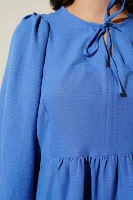 Yaka Bağcıklı Yarasa Kol Elbise İndigo - Tesettür Elbise