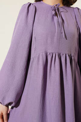 Yaka Bağcıklı Yarasa Kol Elbise Lila - Tesettür Elbise