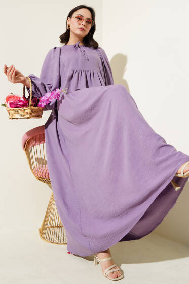 Yaka Bağcıklı Yarasa Kol Elbise Lila - Tesettür Elbise