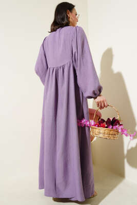 Yaka Bağcıklı Yarasa Kol Elbise Lila - Tesettür Elbise