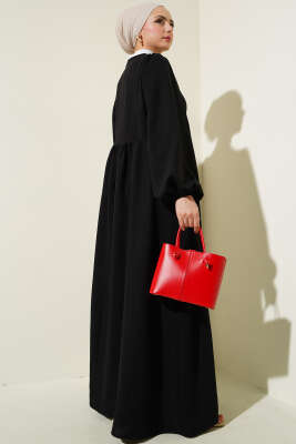 Yaka Bağcıklı Yarasa Kol Elbise Siyah - Tesettür Elbise