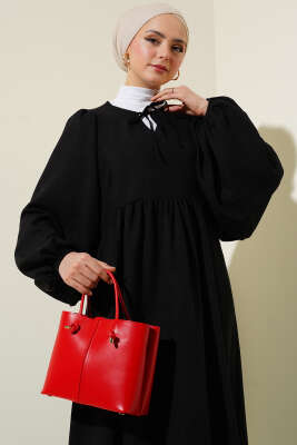 Yaka Bağcıklı Yarasa Kol Elbise Siyah - Tesettür Elbise