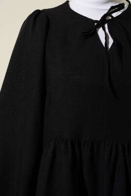 Yaka Bağcıklı Yarasa Kol Elbise Siyah - Tesettür Elbise