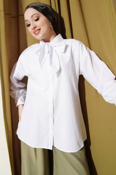 Yaka Bağlama Detaylı Gömlek Beyaz - Gömlek