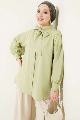 Yaka Bağlama Detaylı Gömlek Çağla Yeşili - TABLO FASHİON