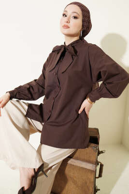 Yaka Bağlama Detaylı Gömlek Kahve - TABLO FASHİON