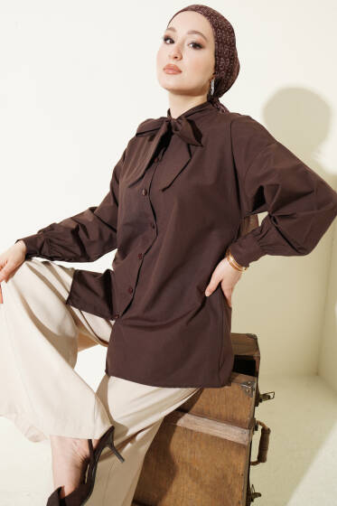 Yaka Bağlama Detaylı Gömlek Kahve - Gömlek