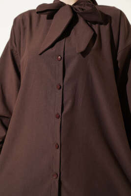 Yaka Bağlama Detaylı Gömlek Kahve - Gömlek