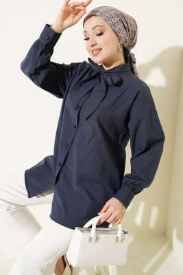 Yaka Bağlama Detaylı Gömlek Lacivert - TABLO FASHİON