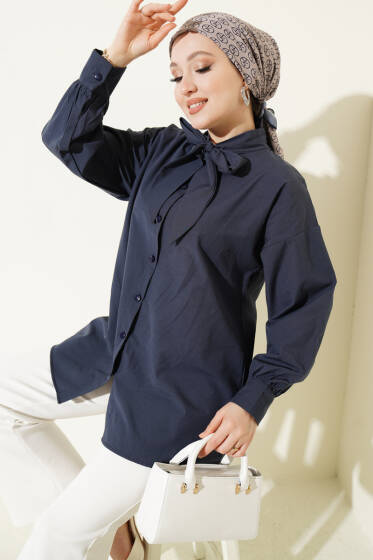 Yaka Bağlama Detaylı Gömlek Lacivert - Gömlek