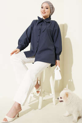 Yaka Bağlama Detaylı Gömlek Lacivert - Gömlek