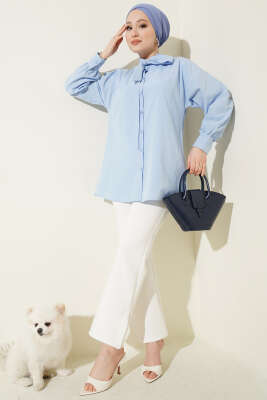 Yaka Bağlama Detaylı Gömlek Mavi - Gömlek