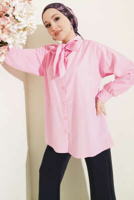Yaka Bağlama Detaylı Gömlek Pembe 