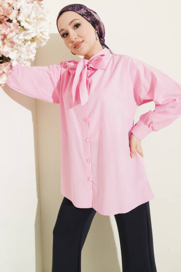 Yaka Bağlama Detaylı Gömlek Pembe - Gömlek