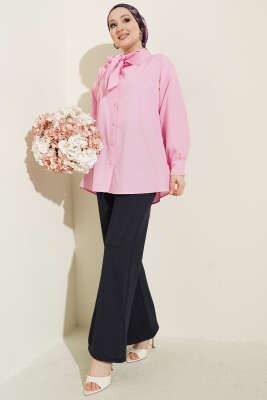 Yaka Bağlama Detaylı Gömlek Pembe - Gömlek