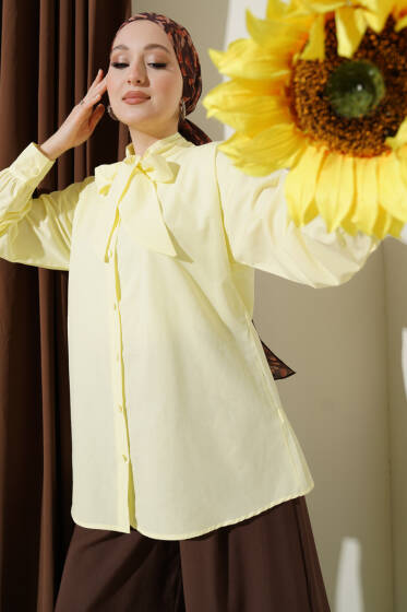 Yaka Bağlama Detaylı Gömlek Sarı - Gömlek