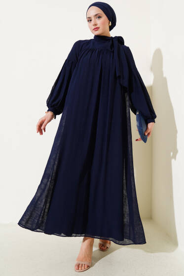 Yaka Bağlama Detaylı Salaş Elbise Lacivert - Elbise