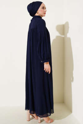 Yaka Bağlama Detaylı Salaş Elbise Lacivert - Tesettür Elbise