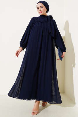 Yaka Bağlama Detaylı Salaş Elbise Lacivert 