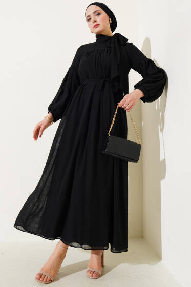 Yaka Bağlama Detaylı Salaş Elbise Siyah - Elbise