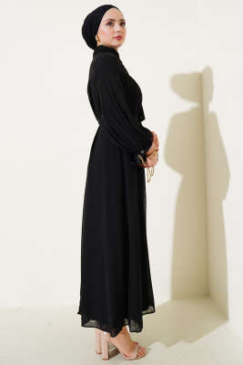 Yaka Bağlama Detaylı Salaş Elbise Siyah - Tesettür Elbise