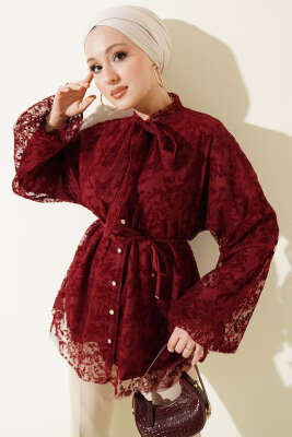 Yaka Bağlamalı Dantelli Gömlek Bordo - TABLO FASHİON