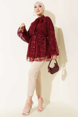Yaka Bağlamalı Dantelli Gömlek Bordo - Gömlek