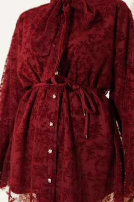 Yaka Bağlamalı Dantelli Gömlek Bordo - Gömlek