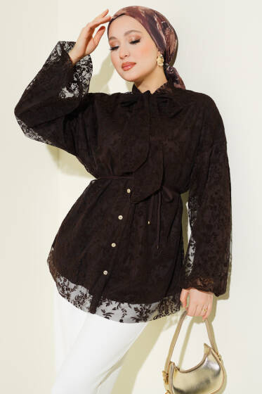 Yaka Bağlamalı Dantelli Gömlek Kahve - Gömlek