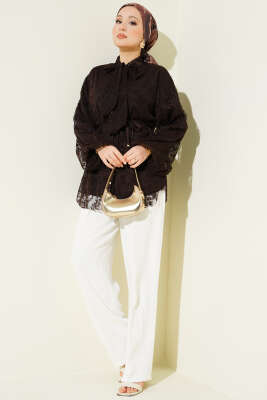 Yaka Bağlamalı Dantelli Gömlek Kahve - Gömlek