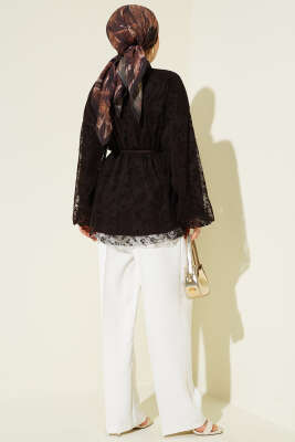 Yaka Bağlamalı Dantelli Gömlek Kahve - Gömlek