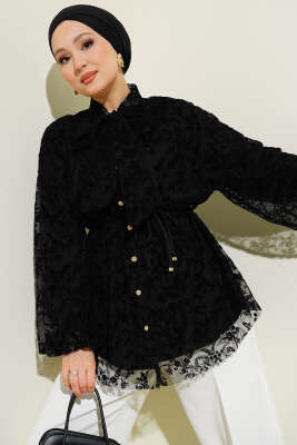 Yaka Bağlamalı Dantelli Gömlek Siyah - TABLO FASHİON