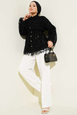 Yaka Bağlamalı Dantelli Gömlek Siyah - Gömlek