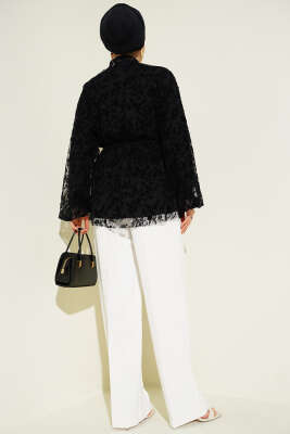 Yaka Bağlamalı Dantelli Gömlek Siyah - Gömlek