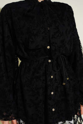 Yaka Bağlamalı Dantelli Gömlek Siyah - Gömlek