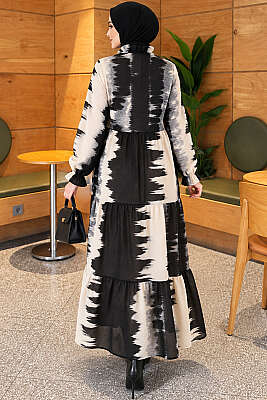 Yaka Bağlamalı Desenli Elbise Siyah - Süper Fırsat
