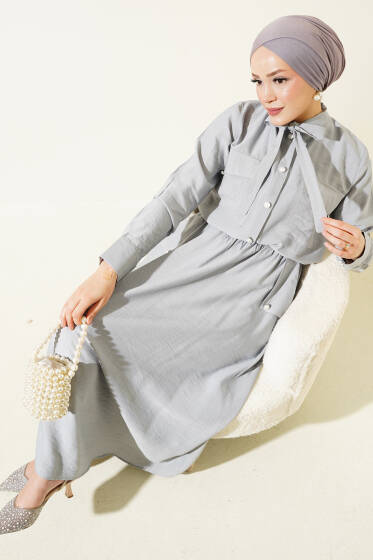 Yaka Bağlamalı Düğmeli Etekli İkili Takım Gri - İkili Takım