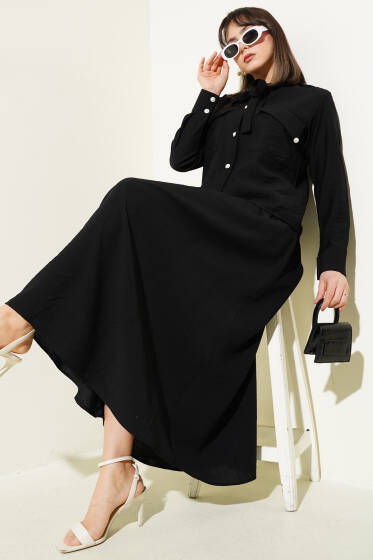 Yaka Bağlamalı Düğmeli Etekli İkili Takım Siyah - İkili Takım