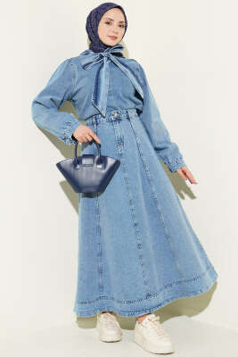 Yaka Bağlamalı Etekli Kot İkili Takım Kot Mavisi - FEVERAN