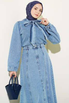 Yaka Bağlamalı Etekli Kot İkili Takım Kot Mavisi - İkili Takım