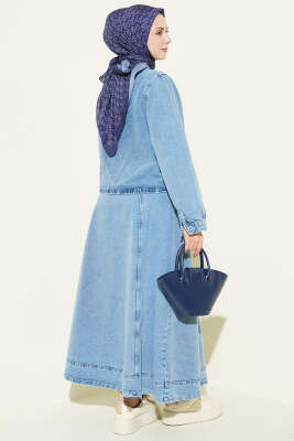 Yaka Bağlamalı Etekli Kot İkili Takım Kot Mavisi - İkili Takım