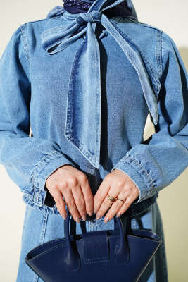 Yaka Bağlamalı Etekli Kot İkili Takım Kot Mavisi - İkili Takım