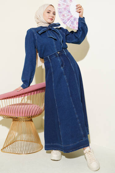 Yaka Bağlamalı Etekli Kot İkili Takım Kot - İkili Takım