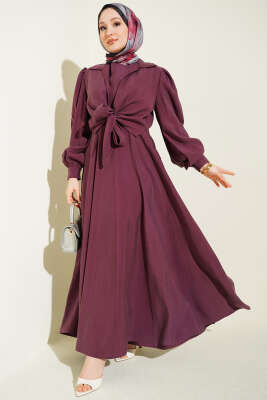 Yaka Bağlamalı Jile Elbise Bordo - TABA